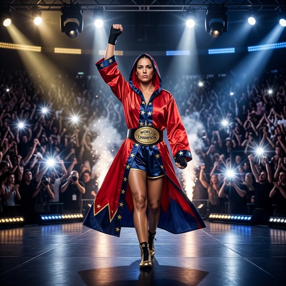 Womens Boxing Champion Costume Set Red Blue Satin Robe Shorts World Champ Belt